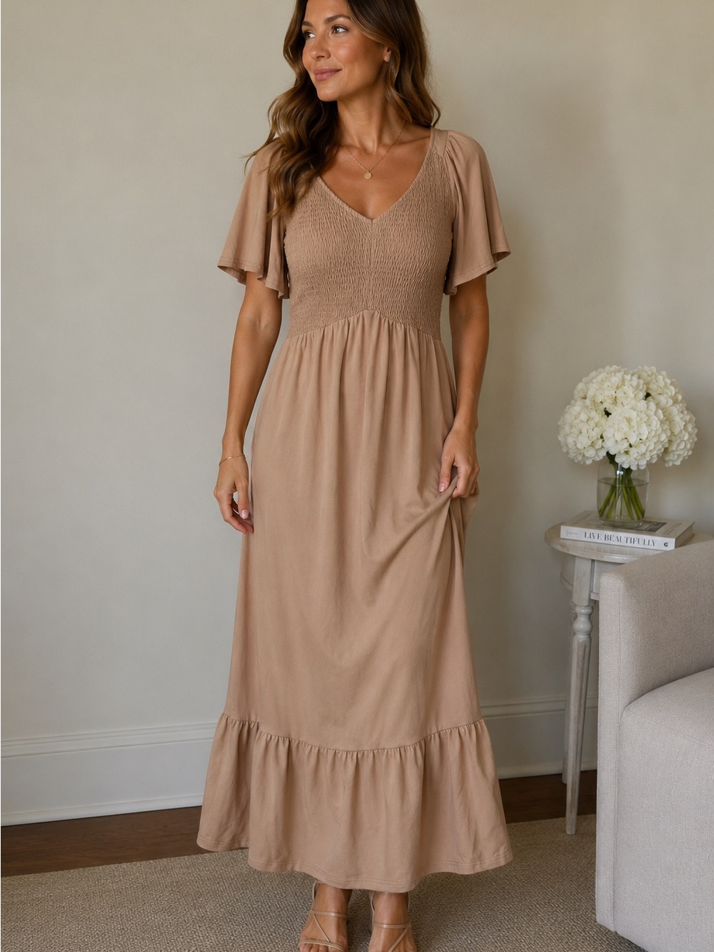 Auselily Tan Beige Smocked Flutter Sleeve Boho Maxi Dress XL